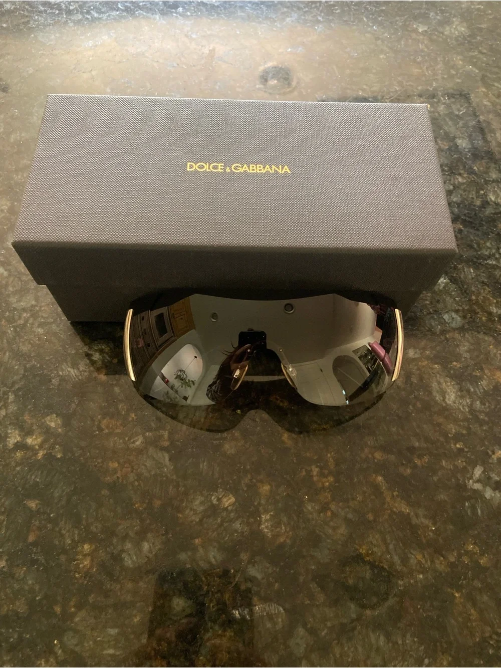 Dolce & Gabbana Gold-Trim Shield Sunglasses with Mirrored Smoke Lens